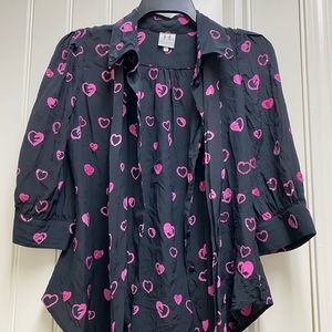 Halston Pink Black Heart Sequin blouse button up